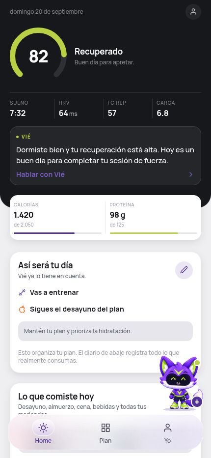 Inicio de Vié: recuperación, alimentación y plan del día con datos de demostración.