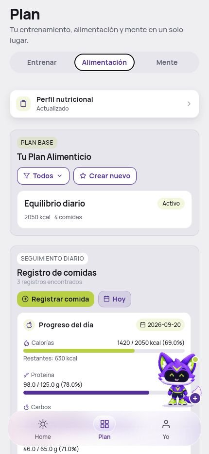 Pantalla de alimentación de Vié con un plan y el registro de comidas de demostración.